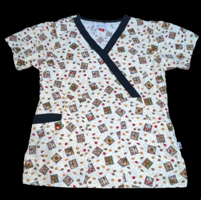 Mary Engelbreit Scrub Top Shirt Women Sz XS Fall Leaves Family Friends Love Home - Image 1 of 4