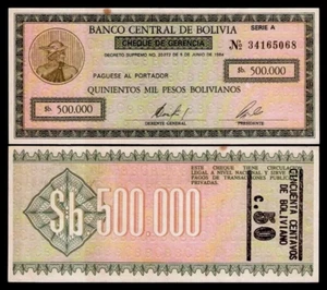 Bolivia 500000 PESOS P-198 1984 UNC 50 C Overprint Bolivian World Currency NOTE - Picture 1 of 6