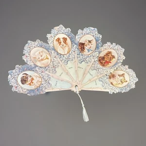 VTG Old Print Company Victorian Fan Greeting Card Die Cut Cats Dogs 1979 - Picture 1 of 13