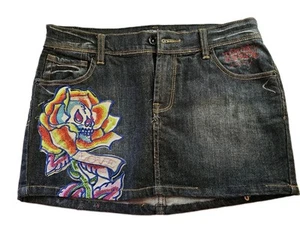Rare Ed Hardy Distressed Mini Skirt Embroidered "LOVE" skull /28 Black - Picture 1 of 13