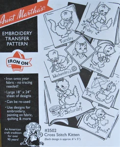 Aunt Martha's 3502 Cross Stitch Kitten Days of Week Embroidery Transfer Pattern - Picture 1 of 1