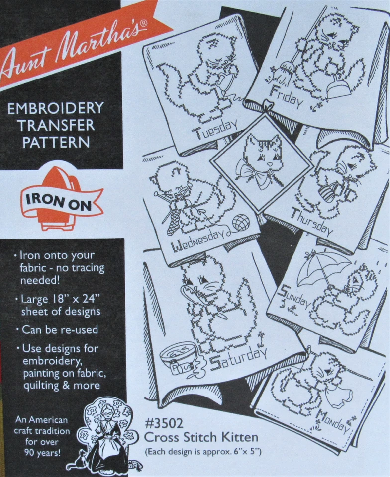 Aunt Martha's 3502 Cross Stitch Kitten Days of Week Embroidery Transfer Pattern - Image 1 of 1