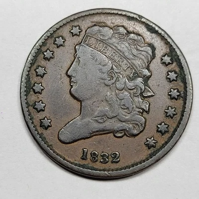 1832 1/2c Classic Head Half Cent Circulated Genuine US Type Rev Damage *K292 - Image 1 of 2
