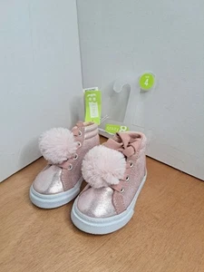 Crazy8 Pink Shimmer Textile High Top Lace Pom Pom Girls' Sneakers Shoes SIZE 4 - Picture 1 of 5