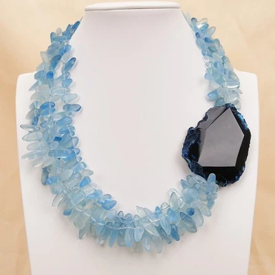 20" 4 Rows Natural Top-Drilled Blue Aquamarine Agate Slice Necklace Multi Strand - Image 1 of 4