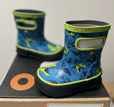 NWB Bogs Skipper Cool Dinosaurs Rubber Rain Boots Kids Toddler 5 Blue Green - Image 1 of 4