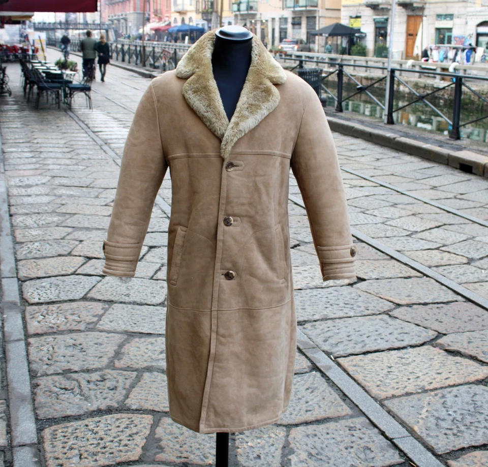 Cappotto Pelle Montone Beige Vintage Anni '70 Lungo taglia L - Immagine 1 di 4