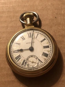 Vintage Westclox Engraved Train Locomotive Pocket Watch Gold Tone - Works! - Picture 1 of 3