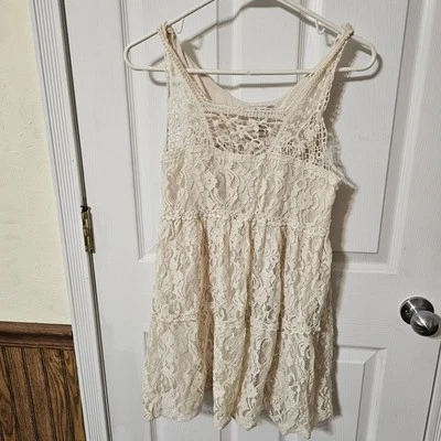 Lace Crochet Woman's Sleeveless Top Babydoll Lined Sz Large Ivory By Pinky - Image 1 of 4