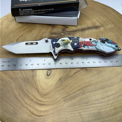 Eagle Statue of Liberty Patriotic God Bless America Red Folding Pocket Knife - Image 1 of 4