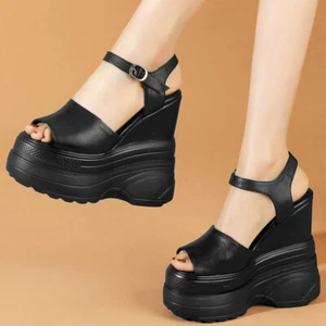 Plus Size Wedges Pumps Womens Cow Leather High Heel Roman Sandals Big Size Shoes - Picture 1 of 16