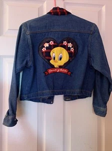 Vintage Looney Tunes Denim Jacket Girls Size 12 Tweety Bird Sweet Plaids 1997 - Picture 1 of 5