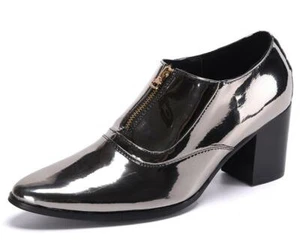 Men Fashion Pointy Toe Metallic Leather Shoes Zipper Party Block High Heel H145 - Picture 1 of 8