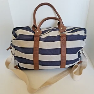 Canvas Weekender Overnight Bag Navy, White & Gray Stripes - Picture 1 of 8