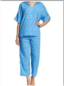 NWT $78 N NATORI 2pc PAJAMA SET SMALL Geo Diamond Blue/Purple 100% Rayon - Picture 1 of 6