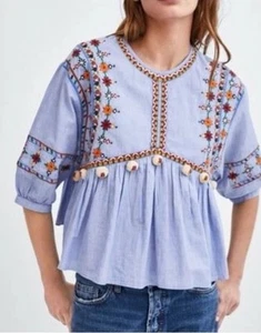 Top boho a rayas bordadas manga abullonada colección Zara TRF para mujer L nuevo sin etiquetas - Imagen 1 de 6