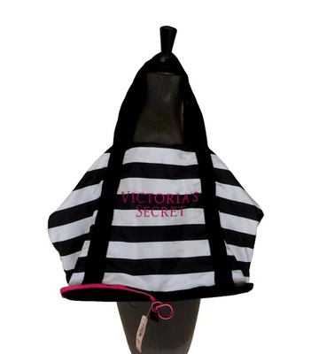 New VICTORIA'S SECRET Expandable Weekender Pink Black Striped Canvas Tote Bag - Image 1 of 4