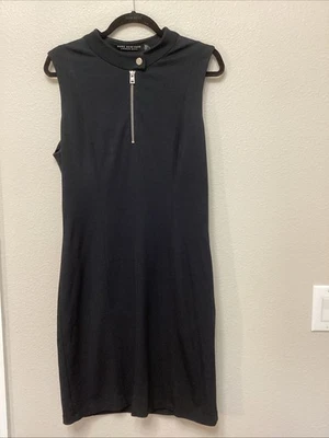 Marc New York By Andrew Marc 拉链正面合身喇叭黑色连衣裙 12 码无袖  — 第 1/3 张图片