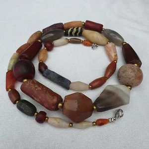 Antique Carnelian Multi Agate ancient Jasper Glass Beads Necklace - Picture 1 of 14