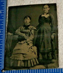 150+ year old 1860s Tintype Photo Fancy Young Women in Finest Dresses Posing - Picture 1 of 4