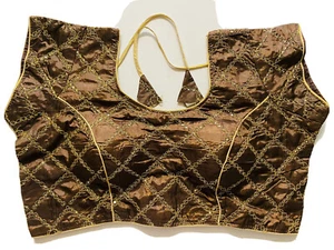 NEW Readymade Designer Sari Blouse Brown brocade NECK DORI large XL size 44" USA - Picture 1 of 8