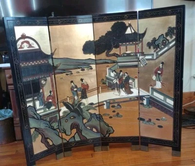 Азиатский китайский черный лак красивый женщин лотос 4 панели экран комнаты разделитель  - Изображение 1 из 4