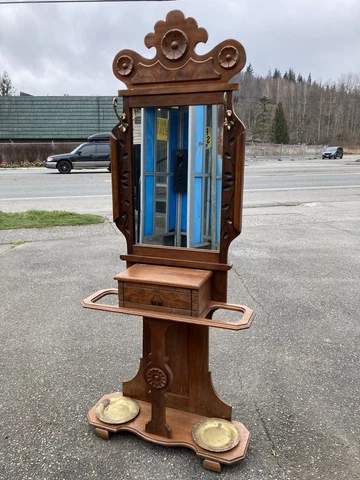 Antique Eastlake Victorian Hall Tree Halltree Stand Carved Ornate Mirror Walnut Cover