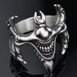 Gothic Devil Smile Cross Ring Stainless Steel Joker Evil Smile Cross Biker Ring - Picture 1 of 5