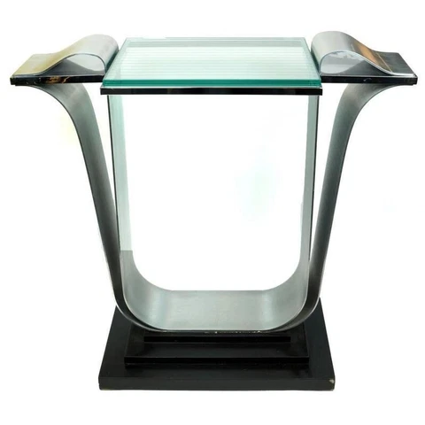 Jay Spectre Mid-Century Modern Console Table in Brushed Steel and Glass Cover