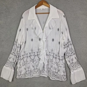 Dress U II Womens Top 1X White Crinkle Sheer Black Embroidered Ruffle Neck Artsy - Picture 1 of 21