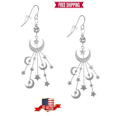 Brincos de aço inoxidável Celestial Moon and Stars com fios esterlinos 0,925 - Imagem 1 de 4