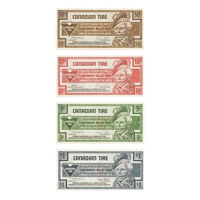 1 Lot of 4 diff. Canada Canadian Tire  5, 10, 50 Cents, and 1 Dollar VF-XF - Image 1 of 2