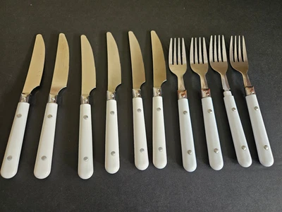 Vtg Cutlery Flatware Set 10 Pieces Stainless  White Plastic Acrylic Handle - Image 1 of 4