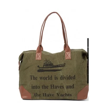 NEW RAJ Canvas Duffle Overnight Bag "Have and Have Yachts" Olive Green Military  - Image 1 of 4