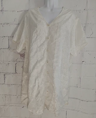 Adonna Ivory Floral Embossed Satin Sleepshirt Gown Medium V-neck Short Sleeve - Image 1 of 4