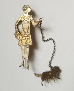 Vintage Art Deco 2 Stück Broschen Dame beim Gehen mit Leine & Hund - Bild 1 von 5