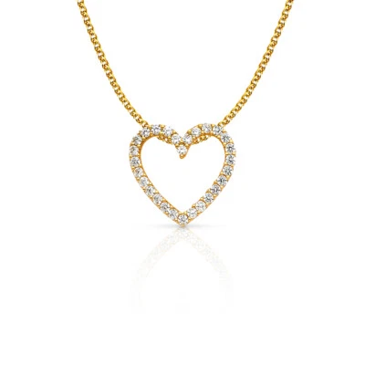 14K Yellow Gold Open Heart CZ Charm Pendant 1.2mm Flat Open Wheat Chain Necklace - Image 1 of 4