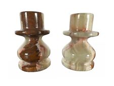 Vintage Onyx White Brown Marble Alabaster Stone Taper Candlestick Holders