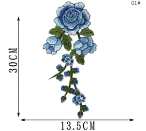 Large Sky Blue Embroidered 3D Applique Flower Patch Sew On DIY Leaf Vine 12" - Picture 1 of 1