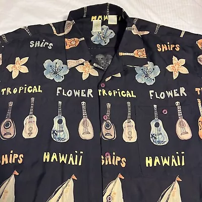 Vtg Burma Bibas Hawaiian Aloha Shirt XL 100% Silk Hawaii Ukulele Ships Tropical - Image 1 of 4