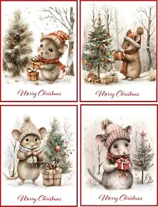 8 Christmas Mice Mouse Forest Vintage glossy blank Christmas Card red envelopes - Picture 1 of 4