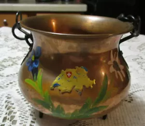 Switzerland Hammered Copper Pot Hand Painted Chain for Hanging Splended Patina - Picture 1 of 7