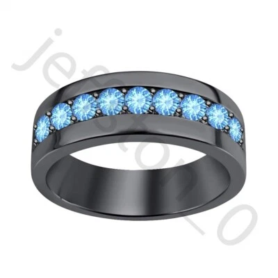 Alianza de boda enchapada en oro negro de 14 quilates con topacio azul creado en laboratorio de 0,45 quilates para hombre Foto 1 de 4