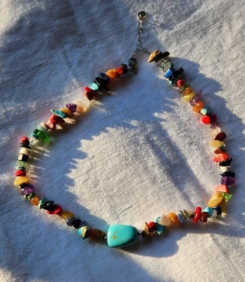 Sterling 925 ATI Turquoise Amethyst Lapis Tiger Eye Coral Bead Necklace 15"+ - Image 1 of 4