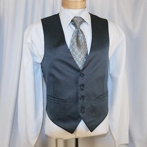 LORD WEST Aqua Blue Silver Gray Black Polka Dot Men Formal Waistcoat Vest Size S - Picture 1 of 11