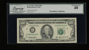 DBR 1993 $100 FRN Philadelphia Fr. 2174-C Legacy XF-40 Serial C22974432A - Picture 1 of 2