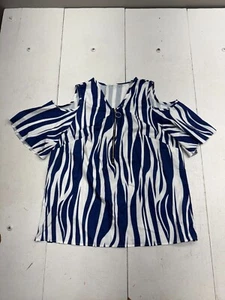 Shein Blue White Striped Cold Shoulder Short Sleeve Blouse Womens Size Large - Picture 1 of 6