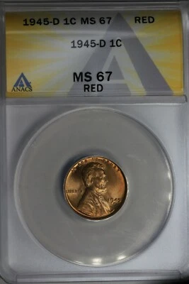 1945-D  .01  ANACS  MS 67 RED  Lincoln Head Cent, Lincoln One Cent - Image 1 of 2