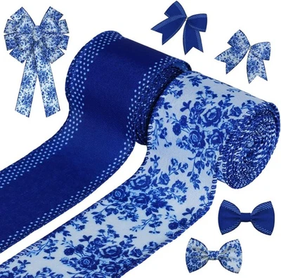 Chinoiserie Blue Floral Wired Ribbon 2 Rolls 2.5in x 5yd Crafts Decor - Image 1 of 4