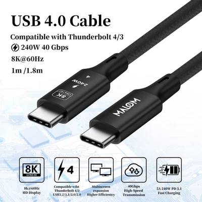 MALOM USB4.0 Type-C Cable 240W PD 40Gbps 8K/60Hz Video Thunderbolt 4 Compatible - Image 1 of 4
